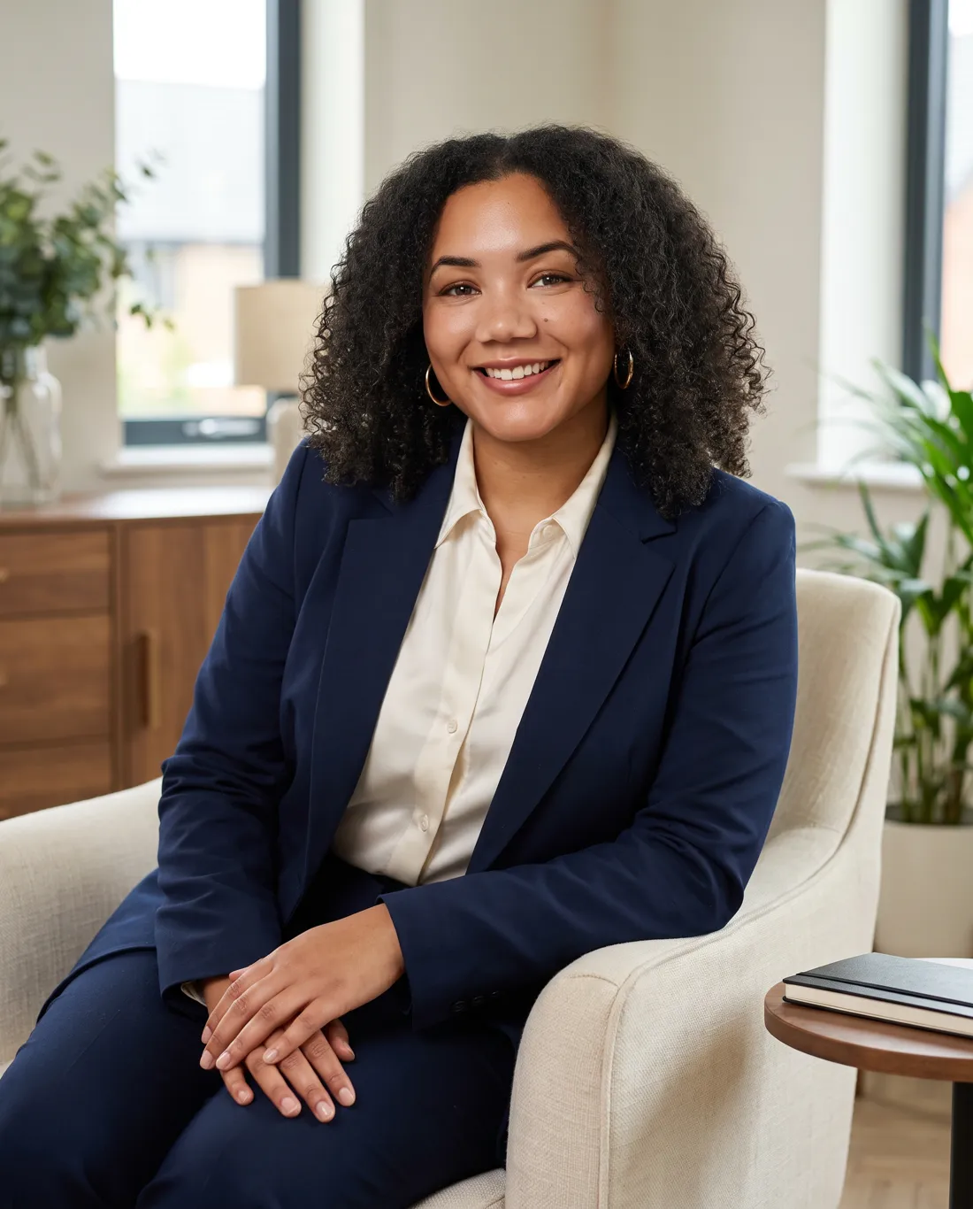 Georgina Bobb seated in an armchair in a navy suit, smiling warmly