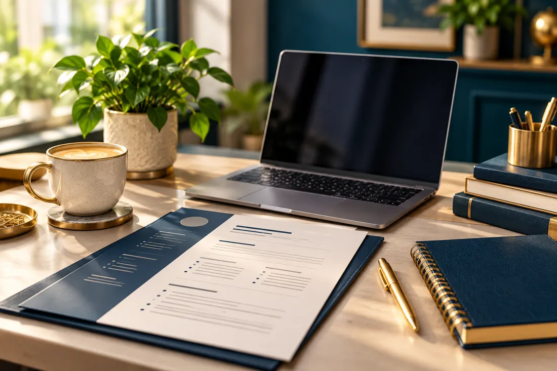A CV, notebook, gold pen and laptop laid out on a sunlit desk